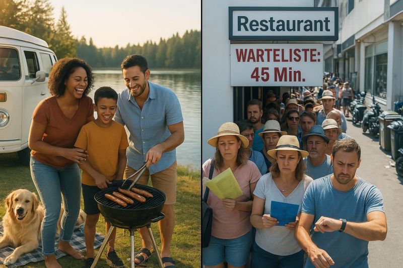 Vor dem Wohnmobil grillen statt vor dem Restaurant Schlange zu stehen