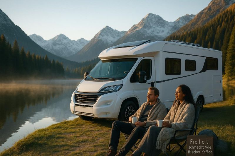 Kaffee trinken vor dem eigenen Wohnmobil am See